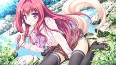 Nature water woman Anime glasses dress stockings pink hair 