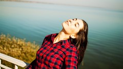 Nature water woman faces t-shirts brunettes models Russians 