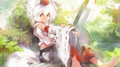 Nature weapons hats white hair red eyes sitting Swords skirts 