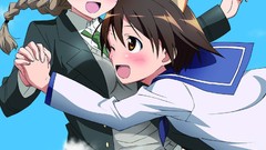 Nature woman Anime schoolgirls blondes hugging smiling anime 