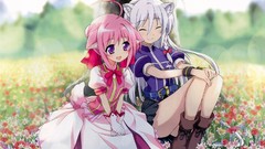 Nature woman ass Anime dress white hair sitting skirts pink 