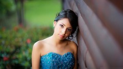 Nature woman black hair blue dress portraits