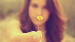 Nature woman brunettes yellow flowers portraits depth of field