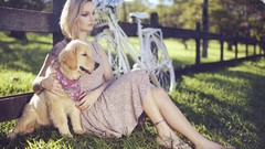 Nature woman Dogs Garden dress outdoors blondes