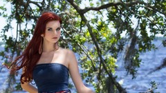 Nature woman dress shirts long hair blue eyes redheads standing 