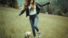 Nature woman Horses Dogs jeans fields brunettes