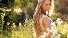 Nature woman outdoors blondes white dress