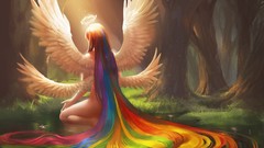 Nature woman scene wings paintings sitting long hair rainbows 