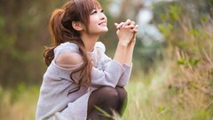 Nature woman sitting asians smiling looking up