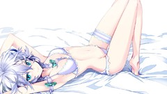 Navel beds barefoot blue eyes short hair braids touhou izayoi 