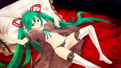 Navel beds Ribbons pillows long hair lingerie green eyes 