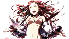 Navel bows blush long hair anime girls brunettes flower petals 