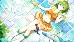 Navel gloves guitars anime girls goggles vocaloid Megpoid Gumi