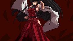 Navel red background skirts long hair anime girls bangs yellow 