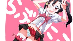 Navel red eyes bow skirts blush wink black hair underwear 