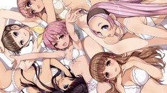 Navel red eyes bows blush pink hair smiling long hair anime 