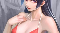 Navel red eyes long hair anime girls bangs bare shoulders black 