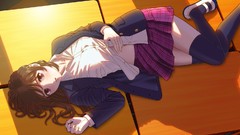 Navel red eyes schoolgirls desks skirts blush long hair anime 