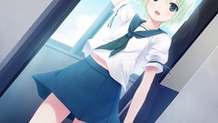 Navel Ribbons schoolgirls skirts anime girls green eyes indoors 