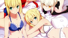 Navel saber gloves Ribbons sitting blondes pillows anime girls 