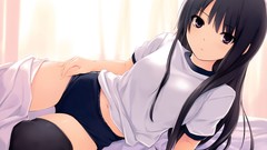 Navel Shorts t-shirts long hair anime girls black hair purple 