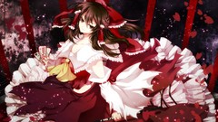 Navel staff red dress bows skirts long hair anime girls brown 