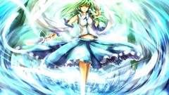 Navel staff skirts long hair green eyes kochiya sanae green 