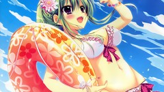 Navel wet anime girls green hair purple eyes izumi tsubasu 