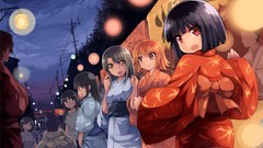 Night Anime kimono lanterns anime girls gray hair black hair 