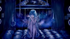 Night beds curtains long hair anime girls cityscapes aqua hair 