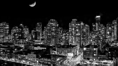 Night black and white moon lights Skyscrapers Canada vancouver 