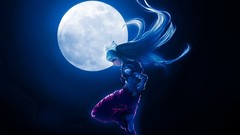 Night black dark moon white hair red eyes bows pants long hair 