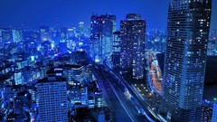 Night blue light Japan Tokyo roads buildings cityscapes