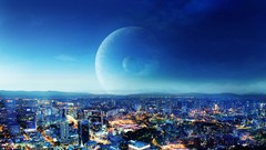 Night blue moon cities cityscapes fantasy art
