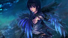 Night blue weapons Guns wings shields skirts cities long hair 