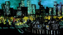 Night clouds dark paintings City Lights houses buildings 