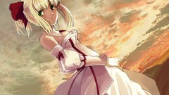 Night clouds dress gloves blondes anime girls green eyes fate 