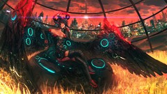 Night clouds lights wings honeycomb Skyscrapers red eyes gloves 