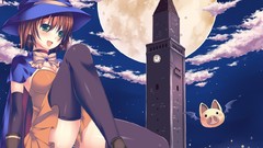 Night clouds moon Anime brown hats gloves bows long hair anime 