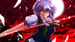 Night clouds moon dress red eyes bows action outdoors anime 