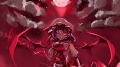 Night clouds moon wings artist red eyes Ribbons anime girls 