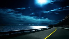 Night clouds ocean moon roads