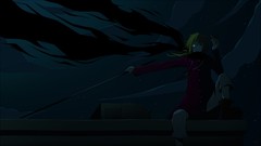 Night clouds weapons food Katana sitting coat Swords buildings 