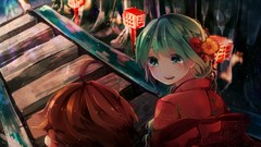 Night dark brown kimono long hair braids hatsune miku vocaloid 