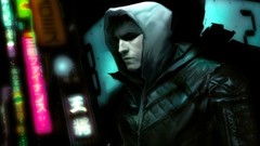 Night dark hood guy lonely cyberpunk concept art Neon lights 