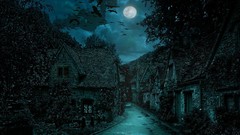 Night dark moon houses bats creepy artwork artistic