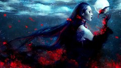 Night dark red moon blood black hair burn artwork NanFe