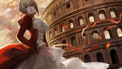 Night dress anime girls green eyes short hair fate series 