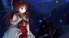 Night dress fireflies red eyes red dress buildings lanterns 