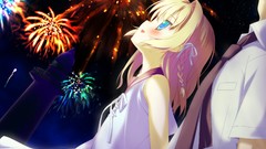 Night dress fireworks Ribbons blush anime girls blue eyes short 